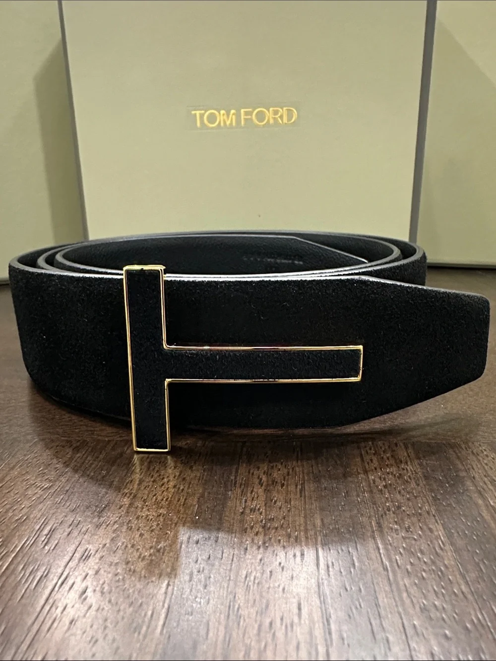 Tom Ford Black Suede Belt with Gold T Buckle
